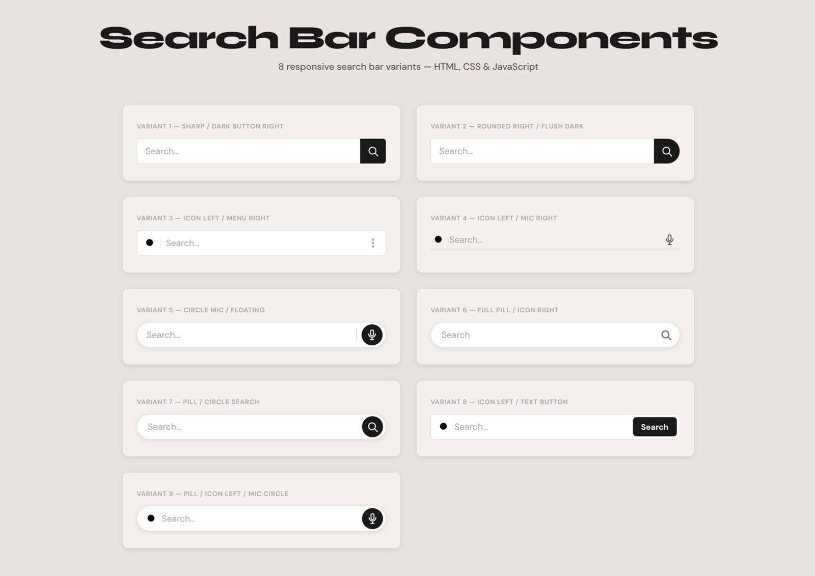 Free Responsive Search Bar Designs in HTML CSS & JavaScript – Clean UI Components Pack