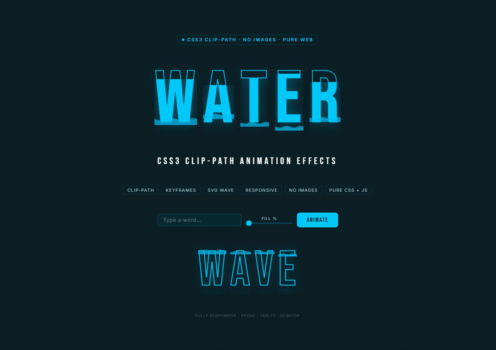 Responsive Water Text Animation UI Design in HTML CSS JavaScript Free Download