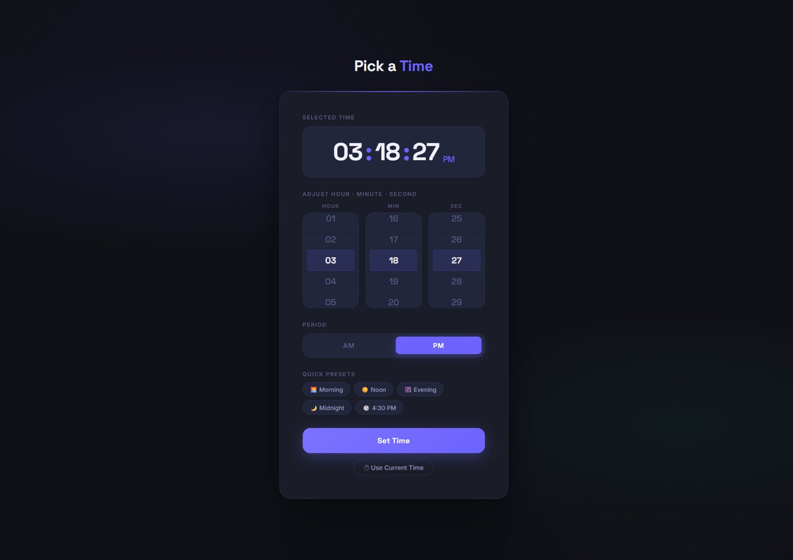 Responsive Time Picker UI Design with HTML CSS JavaScript Free Download | Modern Dark Theme
