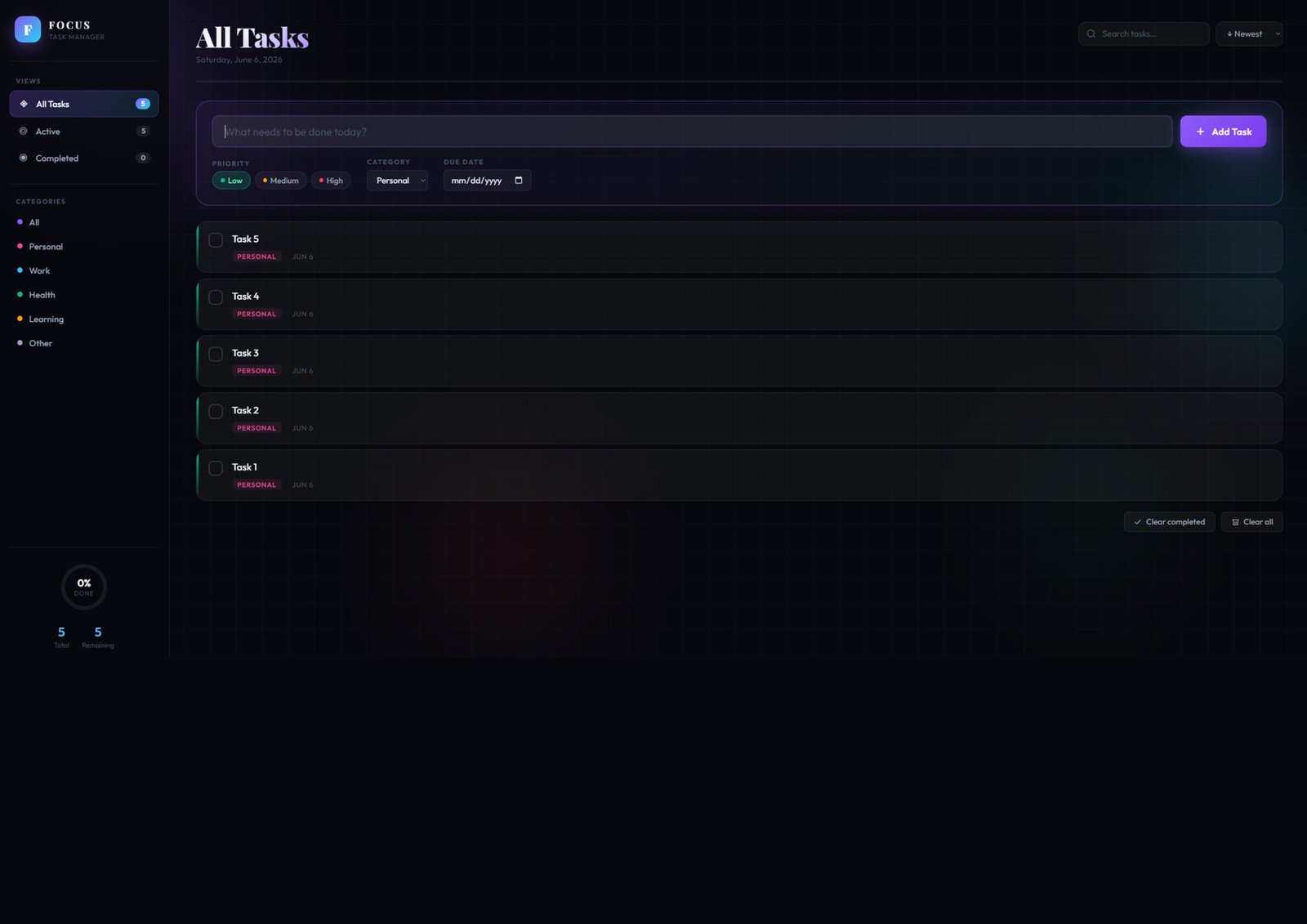 Responsive To-Do List UI Design with HTML CSS JavaScript Free Download – Modern Dark Task Manager Template
