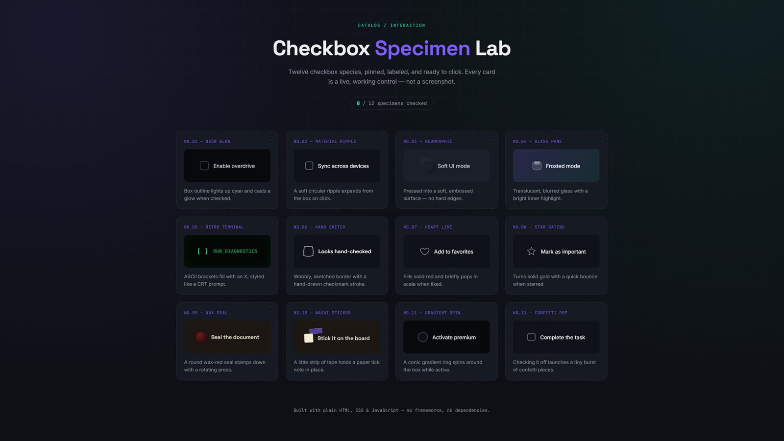 Checkbox Specimen Lab – 12 Animated Checkbox UI StylesCustom Checkbox Designs (12 Styles) – HTML CSS JS Snippets
