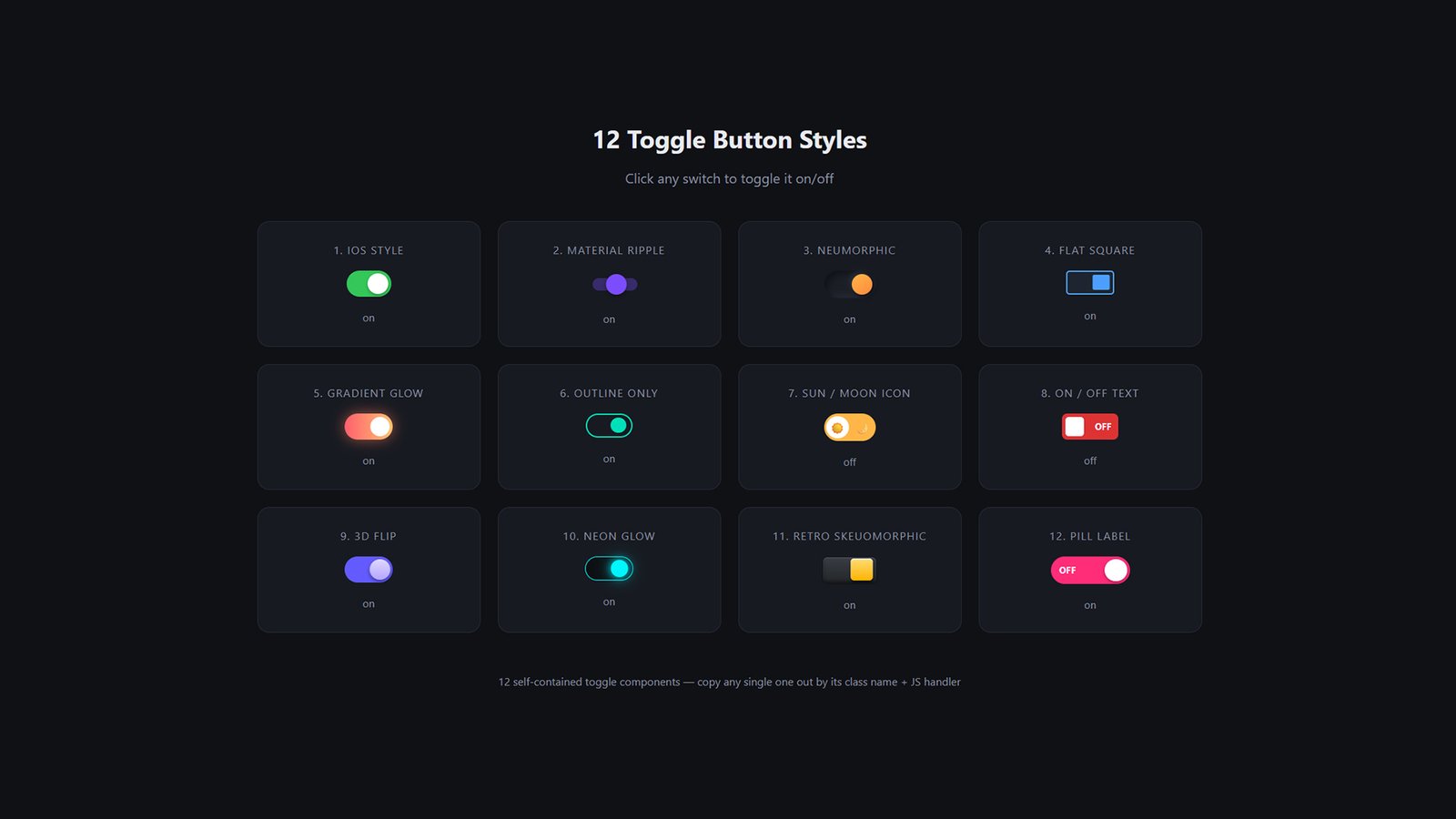 12 Animated CSS Toggle Switch Styles – iOS, Material, Neon & More (HTML/CSS/JS)