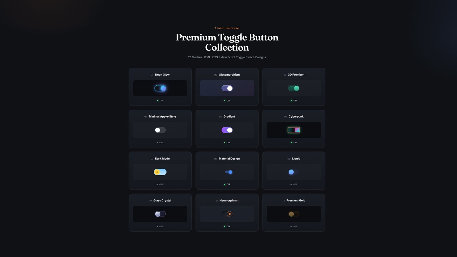Premium Toggle Switch UI Kit – 12 CSS & JS Toggle Buttons