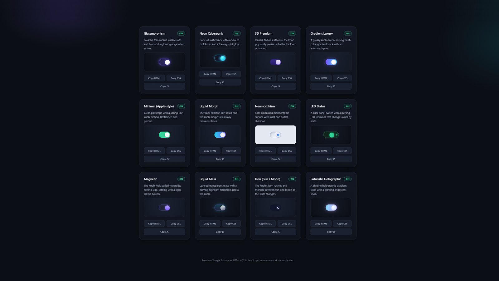 12 Premium CSS Toggle Switch Buttons | Vanilla JS UI Kit